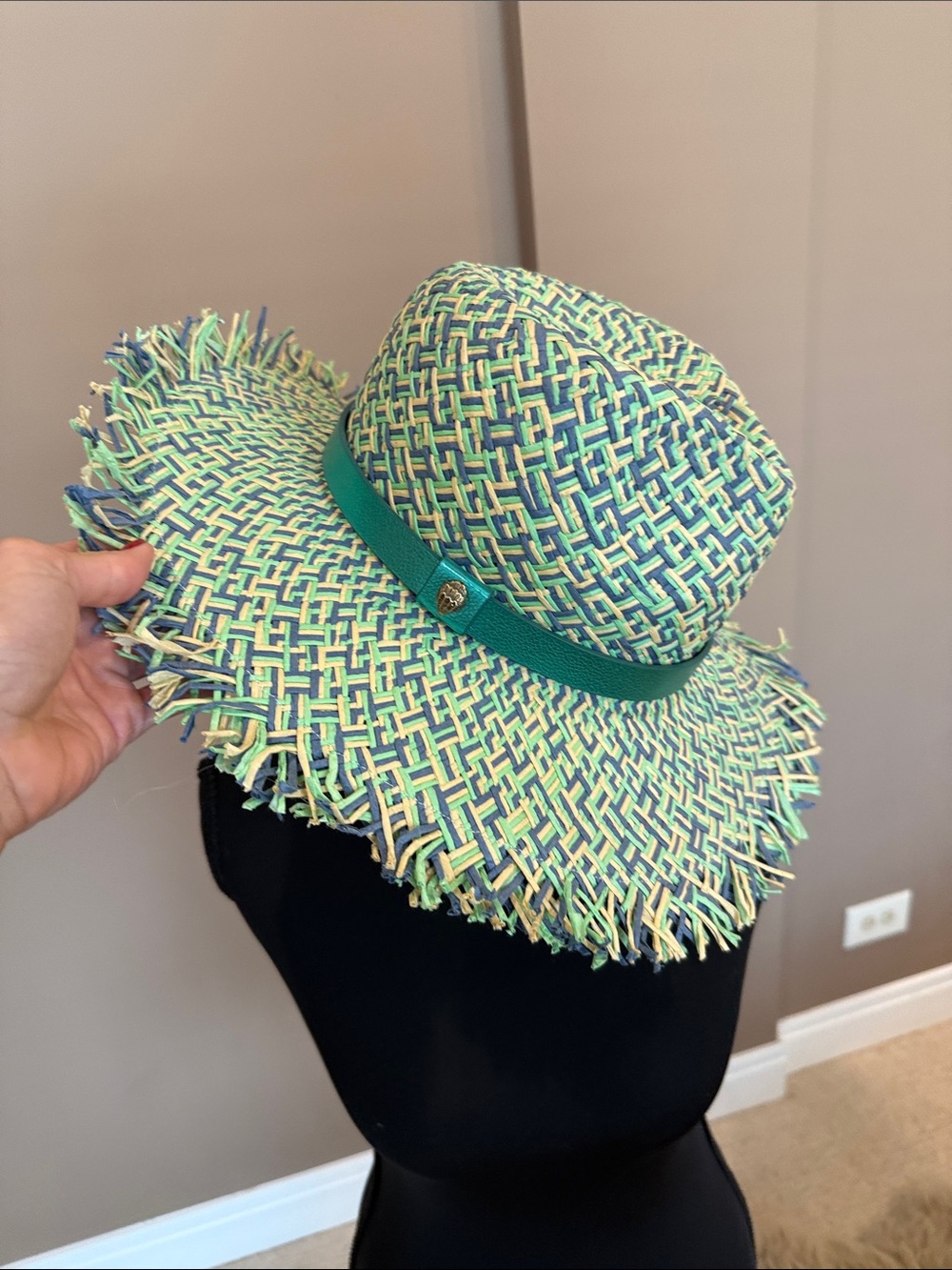 Kurt Geiger Teal & Cream Woven Sun Hat - Picture 4 of 5